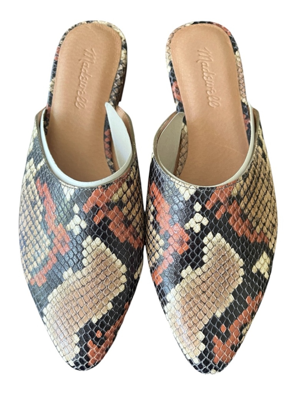 Madewell Snake-Print Pointed Mules in Black, Tan & Coral